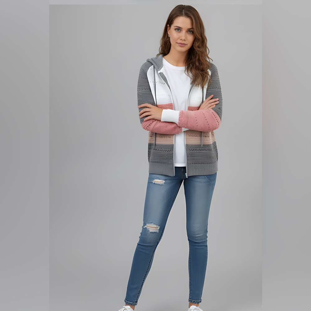 Pointelle Knit Drawstring Zip Hooded Cardigan - Picture 2 of 8
